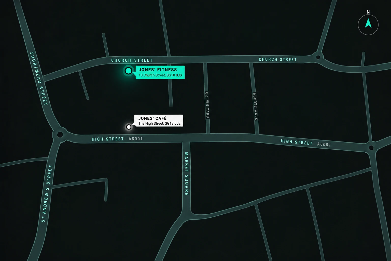 Themed map of central Biggleswade showing Jones’ Fitness gym and studio at 10 Church Street and Jones’ Café at 15A High Street